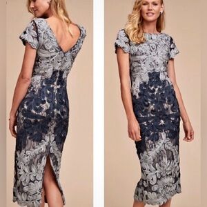 BHLDN X JS Collections Navy and Ice Blue Lace w Appliqué Midi Dress